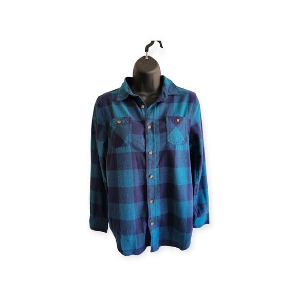 Other - Arizona Long Sleeve Plaid Cotton Button Up Shirt Boy Size L 14/16 Blue Navy Blue
